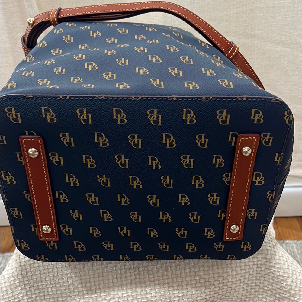 Dooney & Bourke Navy and Brown Drawstring Bucket Shoulder Bag - Picture 6 of 10